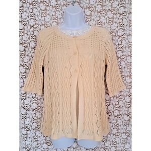 Isabella's Closet Boutique S/M Cream Cardigan 3 Button Cable Knit 3/4 Sleeves
